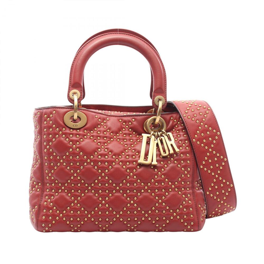 Christian Dior LADY Studded Handbag Leather Bordeaux Purple
